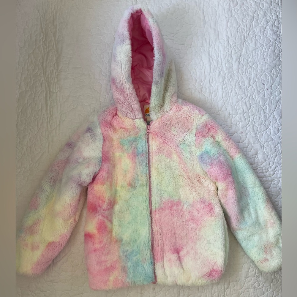 C&C California Girls Faux Fur Multi Colored Tie Dye Hooded Zip Up Jacket